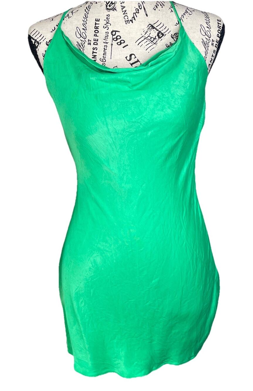 Y2K Zara Silky Slip Green Dress Womens Size S 90s Cross Back Maximalist Clubwear